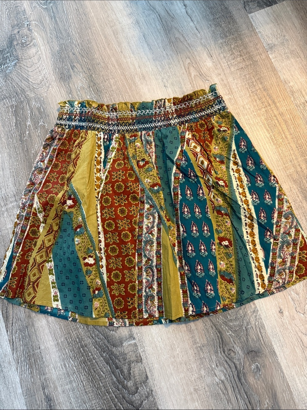Blue Asphalt Bohemian Patchwork Print Mini Skirt - Teal & Mustard sz m